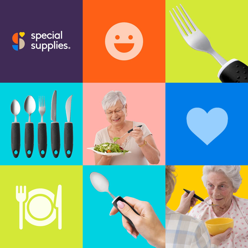 Special Supplies Adaptive Utensils (5-Piece Kitchen Set) Wide, Non-Weighted, Non-Slip Handles for Hand Tremors, Arthritis, Parkinson’s or Elderly Use (Black) Black - BeesActive Australia
