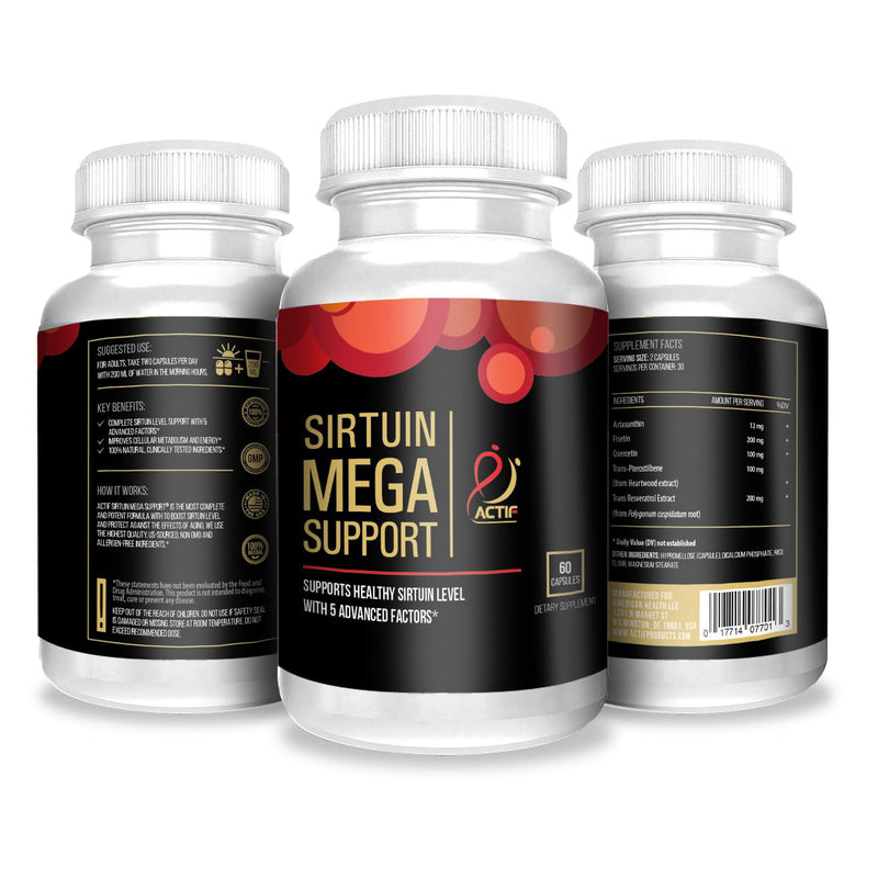 Actif Sirtuin Mega Support with 5 Advanced Factors – Anti-Aging, 100% Natural, Non-GMO, 60 Count