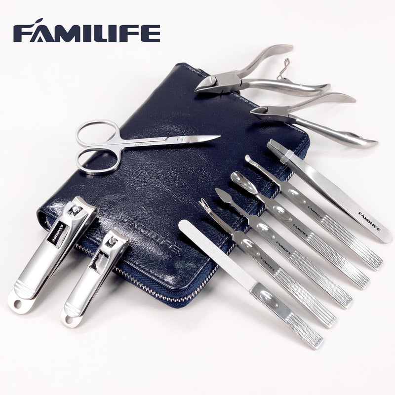 Manicure Kit, FAMILIFE Professional Manicure Set Nail Kit, 11 in 1 Stainless Steel Nail Clippers Set for Men Pedicure Tool, Men Grooming Tool with Portable Blue Leather Travel Case Luxury Gifts Navy Blue