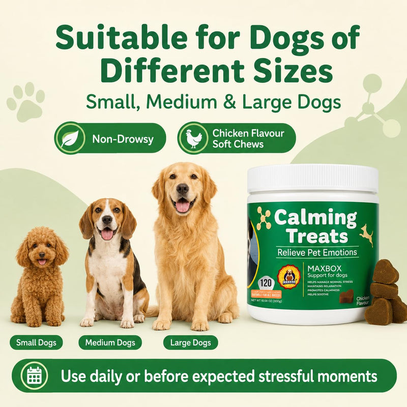 MAXBOX Calming Dog Treats, 100% Natural Soft Chews Reduce Stress, Reduce Stress, Fear, Separation, Barking, Hyperactivity, Reactivity, Aggression, Travel-120 chews