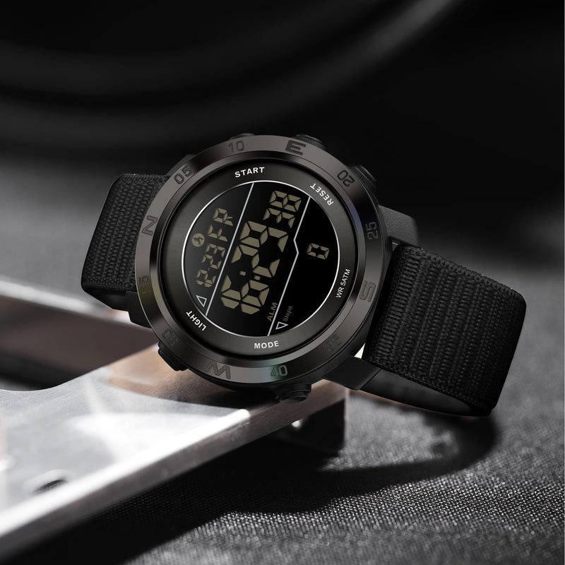 findtime Mens Digital Sport Watch Pedometer Step Counter Watches Military Minimalist Waterproof Tactical Outdoor Army Wrist Watch Dual Time Led Countdown Stopwatch Alarms Nylon Strap, No App Black