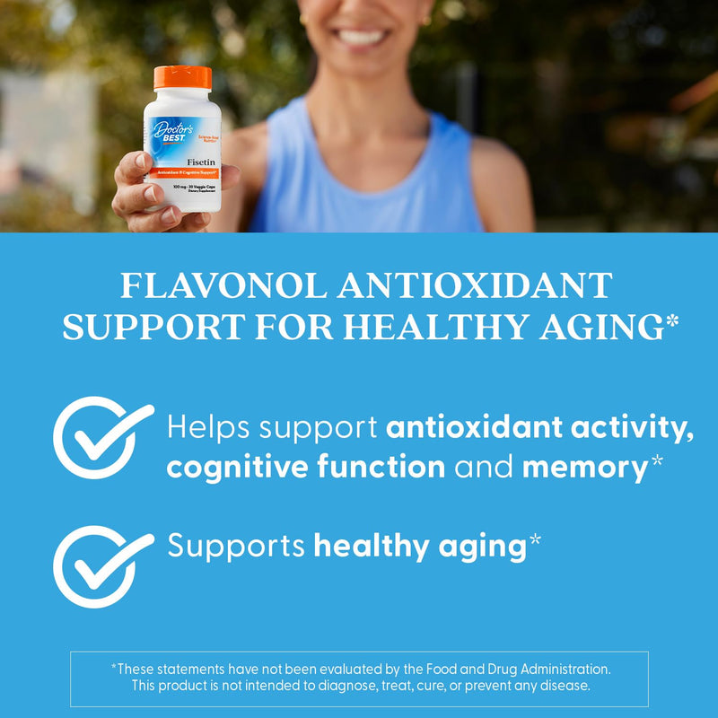 Doctor's Best Fisetin Supplement 100 mg for Men & Women - Brain Health & Antioxidant Support, Fisetin Capsules (as Novusetin) 100mg per Serving, Vegan, Gluten Free, Soy Free, Non GMO - 30 Veg Caps Unflavored 30 Count (Pack of 1)