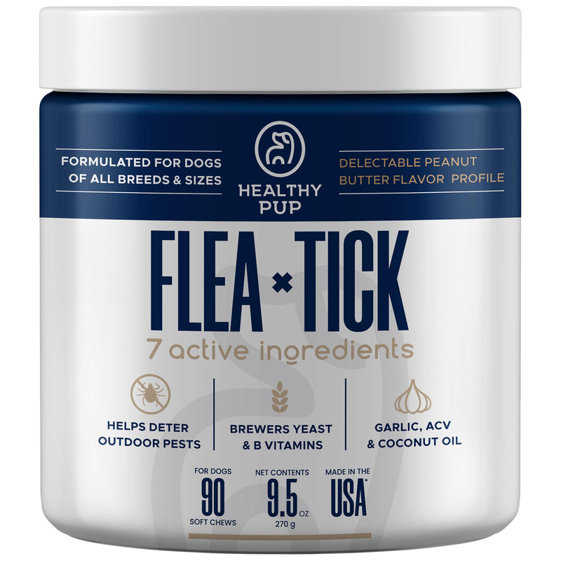 Flea and Tick Prevention for Dogs, Chewable – 90 Peanut Butter Flavored Soft Chews – Made with B Vitamins, Garlic Powder, Brewers Yeast, Coconut Oil, and Apple Cider Vinegar