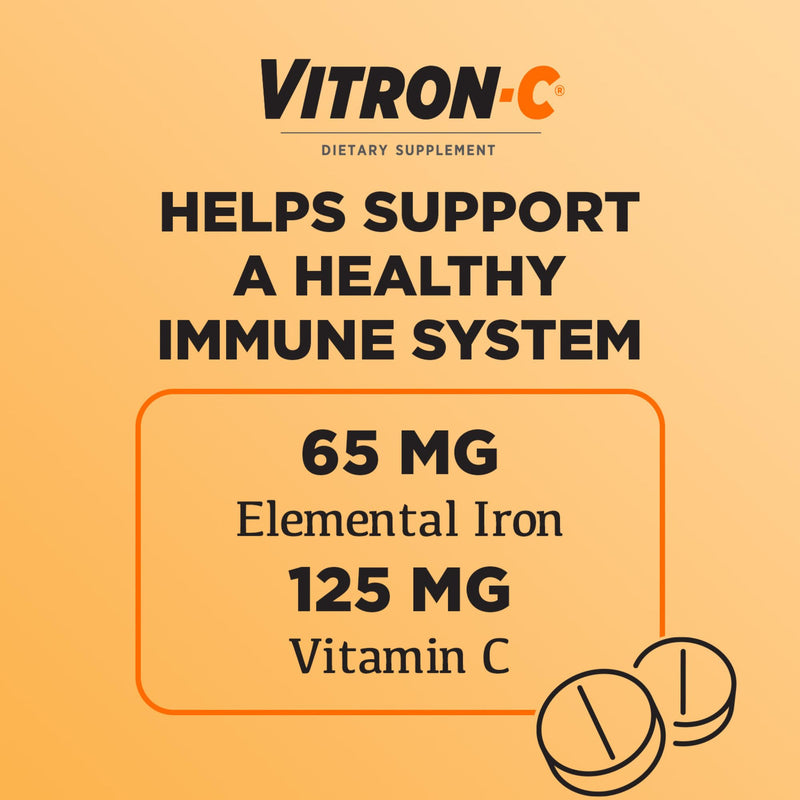 Vitron-C Iron Supplement, Once Daily, High Potency Iron Plus Vitamin C, Support Red Blood Cell Production, Dye Free Tablets, 60 Count, 2 Pack 60 Count (Pack of 2)