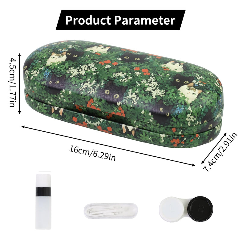 2 in 1 Contact Lens Case and Eyeglasses Case for Women Men Kids, Double Sided Hard Shell Portable Glasses Travel Holder with Built-in Mirror, Contact Lens Box Storage Kit (Green Cat) Green Cat