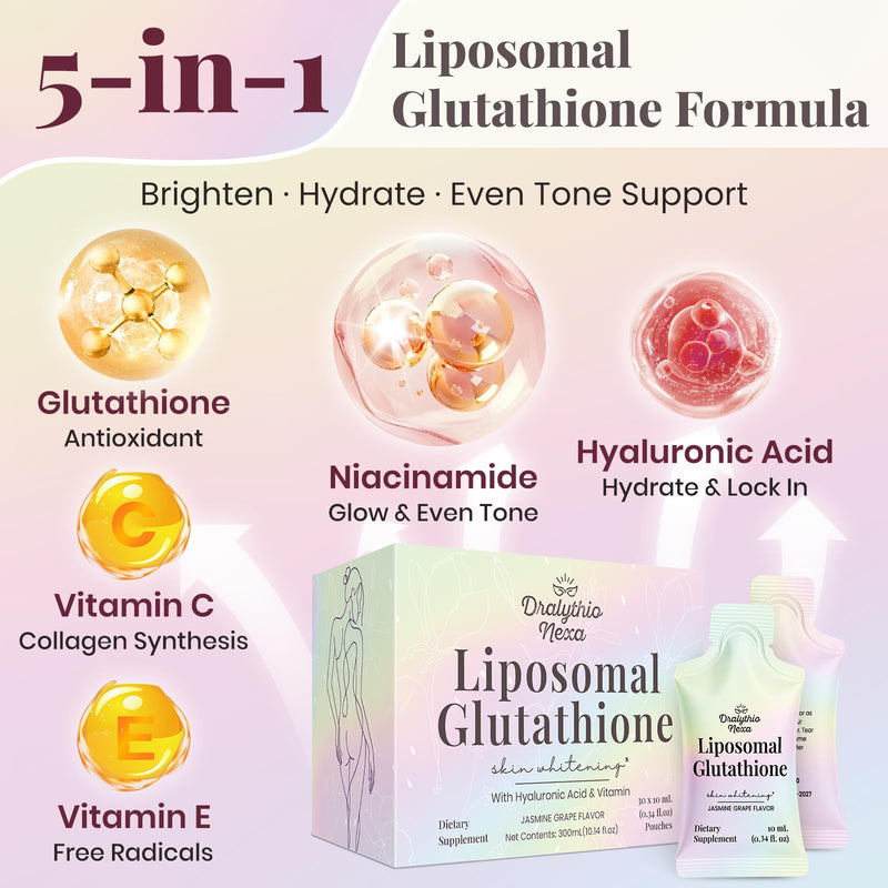 Liposomal Glutathione Liquid 1200mg – High Absorption Glutathione Supplement – Skin Brightening & Antioxidant Support – Beauty & Glow Formula for Women – Grape Jasmine Flavor – 30 Pouches