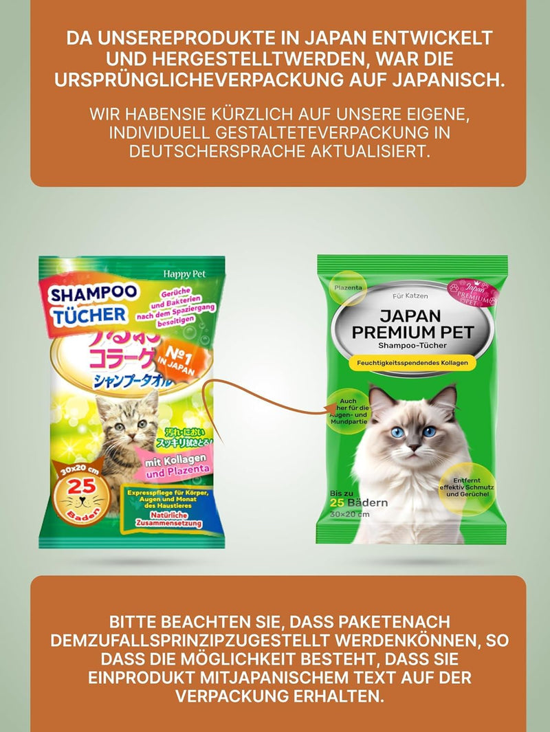 Japan Premium Pet Cat Shampoo Towel | Cleaning wipes that act like dry shampoo for cats | Clean & deodorize with our Cat Towel with Collagen & Placenta| 25 pcs | (20x30cm) - BeesActive Australia