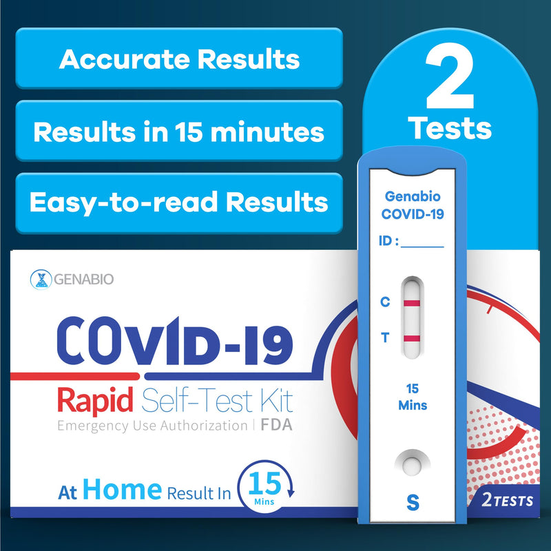 Genabio COVID-19 Antigen Rapid Self-Test Kit (2 Pack) – FDA EUA Authorized | 15-Minute At-Home Results | OTC Nasal Swab – Ages 2+ (1 Pack, 2 Tests) 1 Pack-2 Tests