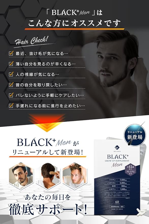 [Nutritional Functional Food] Keratin Saw Palmetto Zinc Supplement [37 Carefully Selected Hair Supplements] Made in Japan 30 days supply for men MGLANCE BLACK+Men - BeesActive Australia