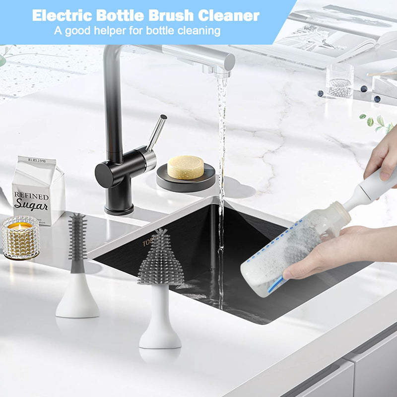 Electric Baby Bottle Brush Set with Rechargeable Electric Bottle Brush Cleaner and Replaceable Silicone Bottle Brushes and Straw Brush Cleaner, Waterproof Multi-Purpose Cleaning Brush (White) White - BeesActive Australia