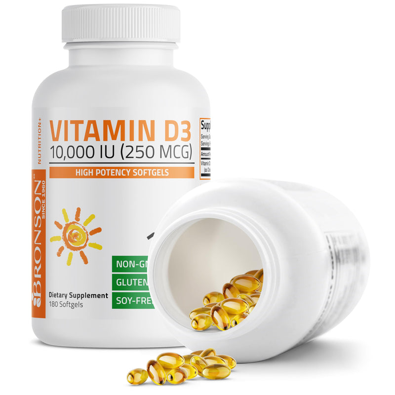 Bronson Vitamin D3 10,000 IU (250 mcg) Immune Support, 180 Softgels | Bone, Muscle, Teeth & Nervous System Support, Once-Daily, Non-GMO, Gluten-Free & Soy-Free 180 Count (Pack of 1)