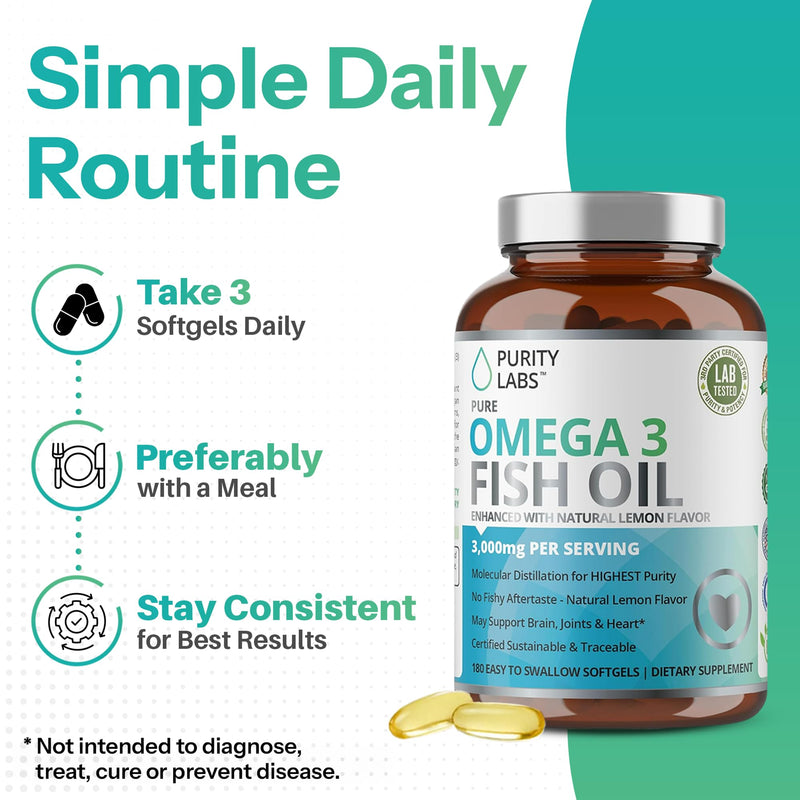 Purity Labs Omega 3 Fish Oil 3000mg – DHA & EPA Omega 3 Fatty Acid Supplements to Support Heart and Brain Health - Immune Support Supplement - 180 Softgels (60 Servings) 1