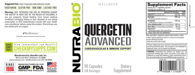 NutraBio Quercetin Advanced with Added Vitamin C and Bromelain - Potent Antioxidant - 90 Capsules - Dietary Supplement