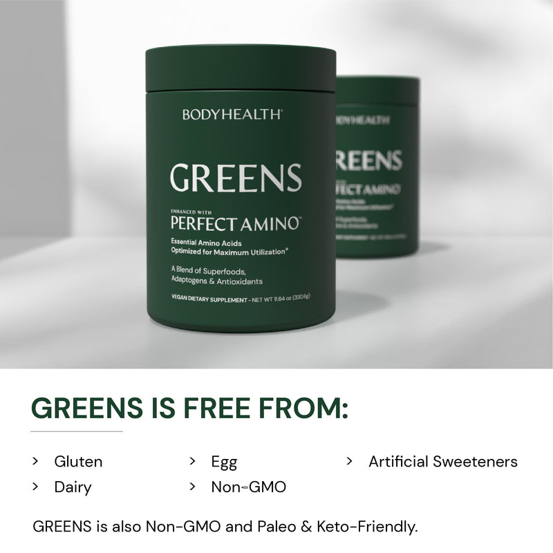 BodyHealth Greens Enhanced with PerfectAmino - Daily Superfood Green Apple Smoothie Powder with Vegetables, Fruit, Antioxidants, Prebiotics, Probiotics, Fiber, and Protein - 30 Servings 12.2 Ounce (Pack of 1) - BeesActive Australia