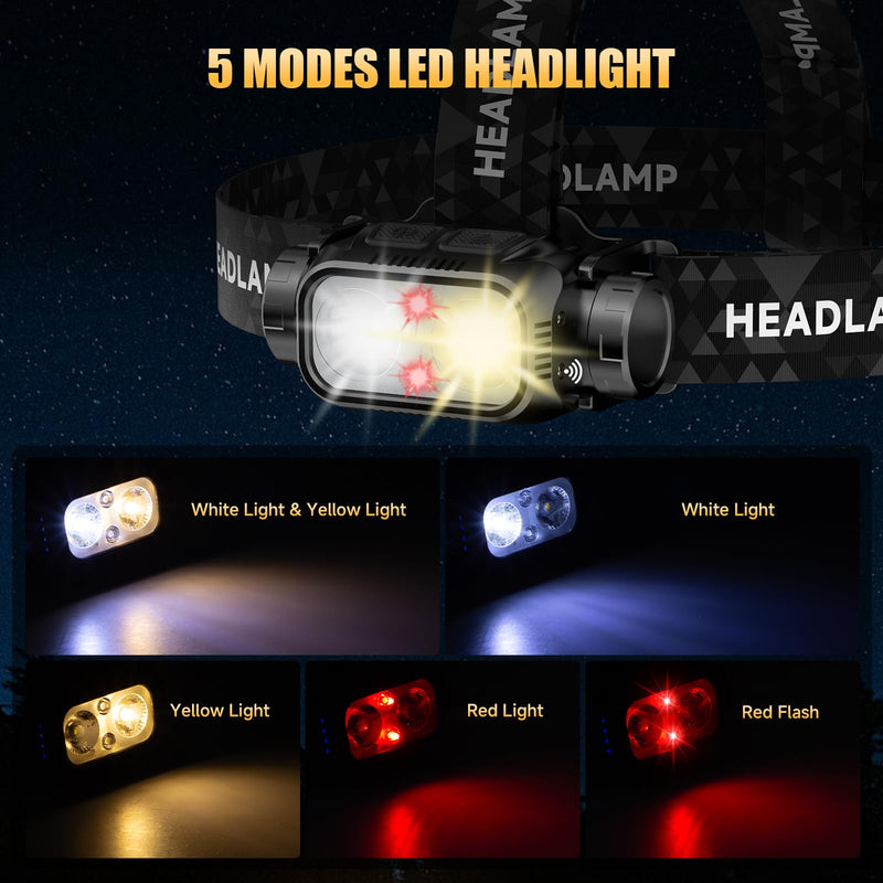 Rechargeable LED Headlamp 3 Pack, High Lumen Super Bright Head Lamp with Red Light, Motion Sensor, 5 Modes, 90° Adjustable, Waterproof Lightweight Headlamps for Adult Running, Camping, Hiking