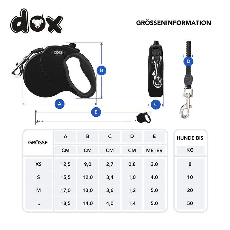 DDOXX Extendable Dog Leash - Stable Reflective Nylon Strips Dog Leash Bite-Resistant - Retractable Leash Break & Lock System - XS (Black) XS | 3m | up to 8 kg black - BeesActive Australia