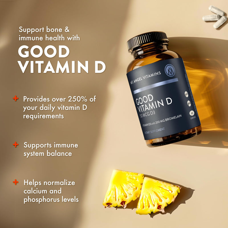 Mt. Angel Vitamins - Good Vitamin D, 2000 IU Vitamin D3 with Bromelain (60 Capsules) (Pack of 2) 60 Count (Pack of 2)