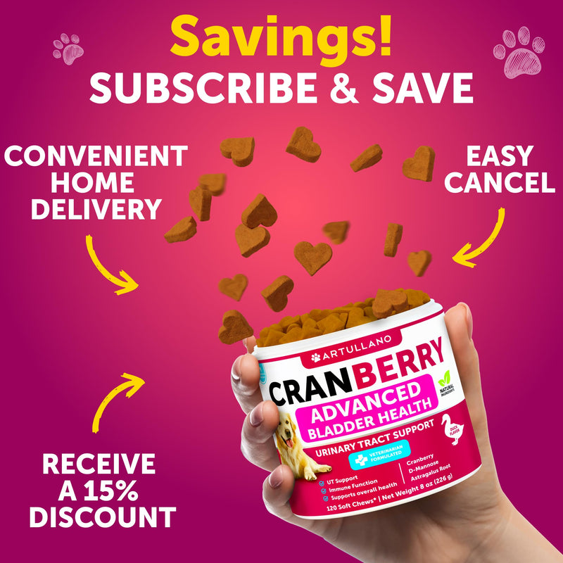 Dog UT Treats - Cranberry Chews for Dogs - Urinary Tract & Bladder Support Supplement with Natural Cranberry Extract - Tasty 120 Soft Bites for Daily Wellness with Fish Oil, Pumpkin, D-Mannose Cranberry Chews - 120 Count