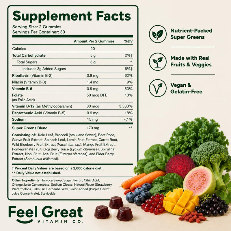 Feel Great Super Greens Gummies for Adults, Spirulina & Spinach Blend, 60ct | Spirulina, Chlorella, Spinach, Kale & Elderberry Blend, Watermelon Flavor, Immune Support for Adults