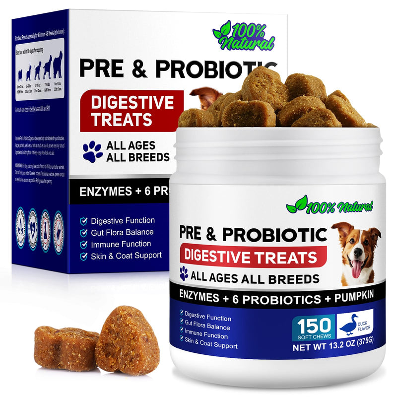 Probiotics for Dogs, 150Pcs Probiotics for Dogs Gut Health, Pre and Probiotic for Dog Digestive Health Support, Gut Health & Immunity, Duck Flavor