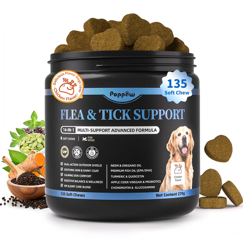 Dog Flea and Tick Treatment Chewable, 5-in-1 Natural Flea and Tick Prevention Chews, Dog Oral Flea and Tick Support Supplement, for All Breeds and Ages, Chicken Flavor, 135 Count