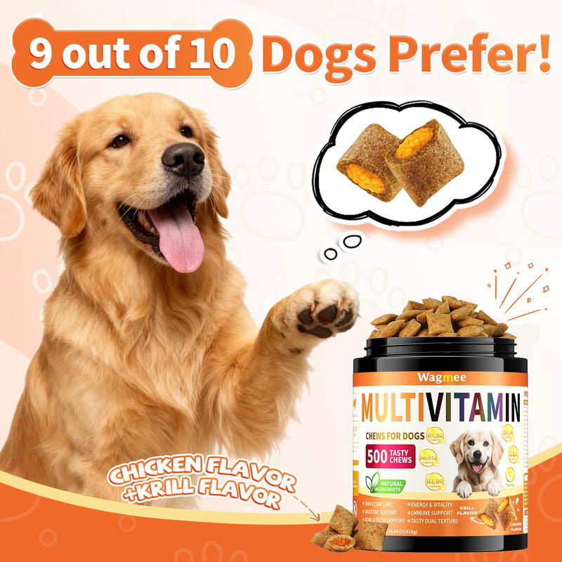 Dog Vitamins and Supplements, 16-in-1 Dog Multivitamin Soft Chews, Daily Nutrition Support for Energy, Heart, Skin & Coat, Digestion, with Taurine, Omega 3, Zinc & B Vitamins, 500 Ct for All Breeds