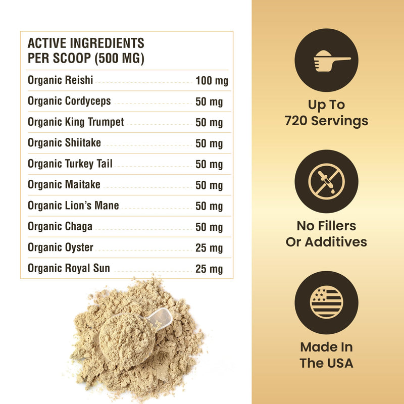 Mushroom Powder for Dogs & Cats - Organic Mushroom Complex for Immunity Support, Immune Function, Cognition, Vitality - Ten Mushroom Supplement with Turkey Tail, Lion's Mane, Reishi - 720 Scoops 12.70oz