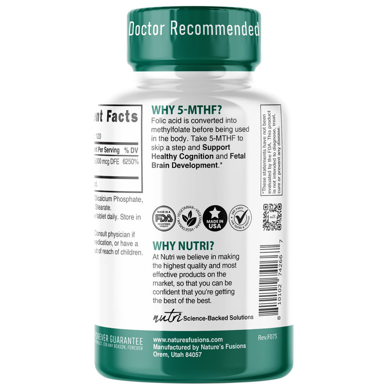 Nutri 5-MTHF L Methylfolate 15MG - 4 Month Supply, 120 Vegan Tablets - Methylated Folate Supplement - Cognitive Function, Heart Health, Prenatal Support - 3rd Party Tested - NSF Certified Facility 120 Count (Pack of 1)