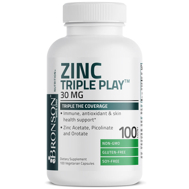 Bronson Zinc Triple Play 30 mg Triple Coverage Immune Support Zinc Supplement with Zinc Acetate, Picolinate & Orotate - Immune, Antioxidant & Skin Health Support - 100 Vegetarian Capsules 100 Count (Pack of 1) - BeesActive Australia