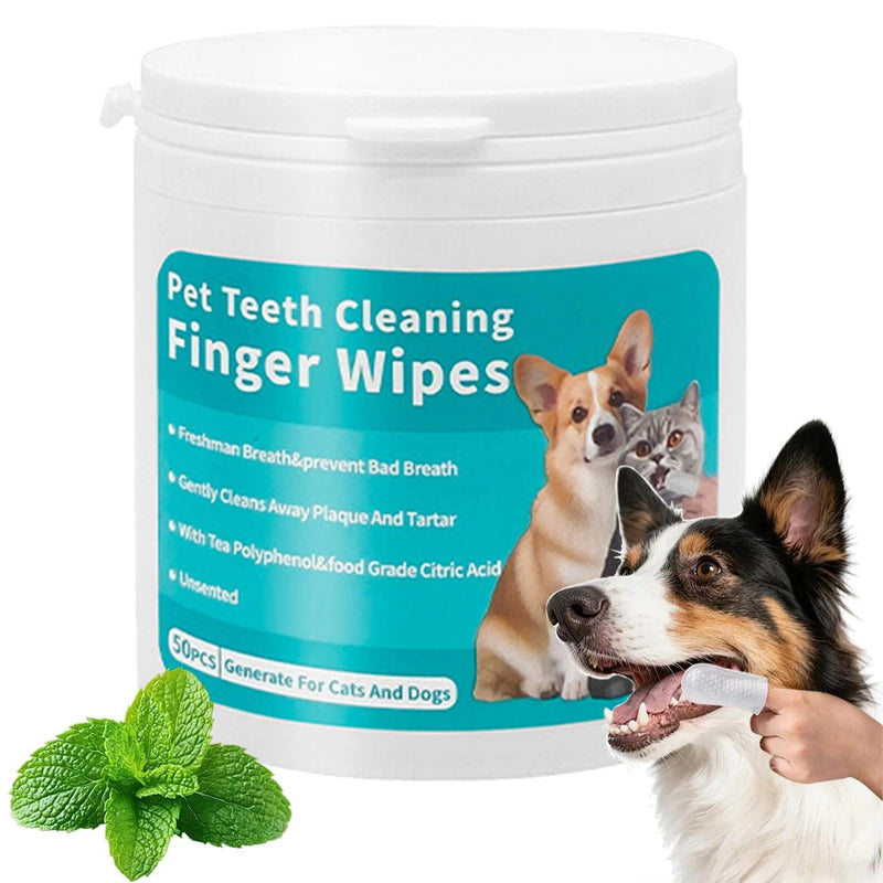 Natural Pet Dental Finger Wipes for Dogs & Cats, Teeth Cleaning Wipes for Fresh Breath - No Brushing Oral Care, 1 Box (50 Count)