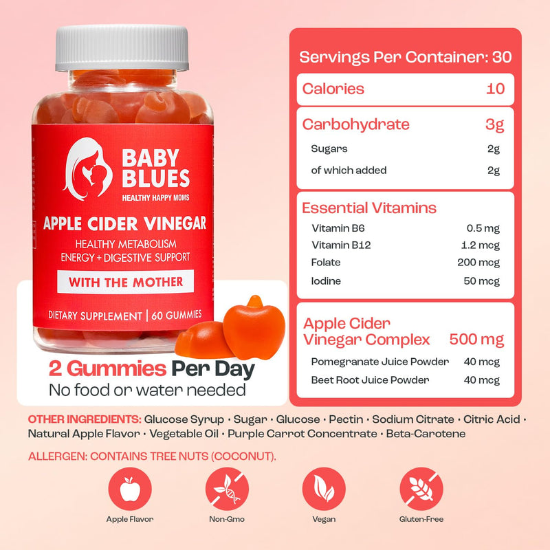 Baby Blues Apple Cider Vinegar Gummies with the Mother for Bloating, Metabolism and Healthy Weight, Postpartum and Breastfeeding Women, Apple Flavor, Vegan, 60 Count