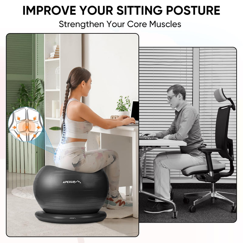 APEXUP Yoga Ball Chair, Exercise Ball Chair with Base for Office, Anti Slip Stability Ball Fitness Ball Seat, Home Gym Workout Ball, Balance Ball with Pump (Black, L) L (23"-26"/65cm) Black