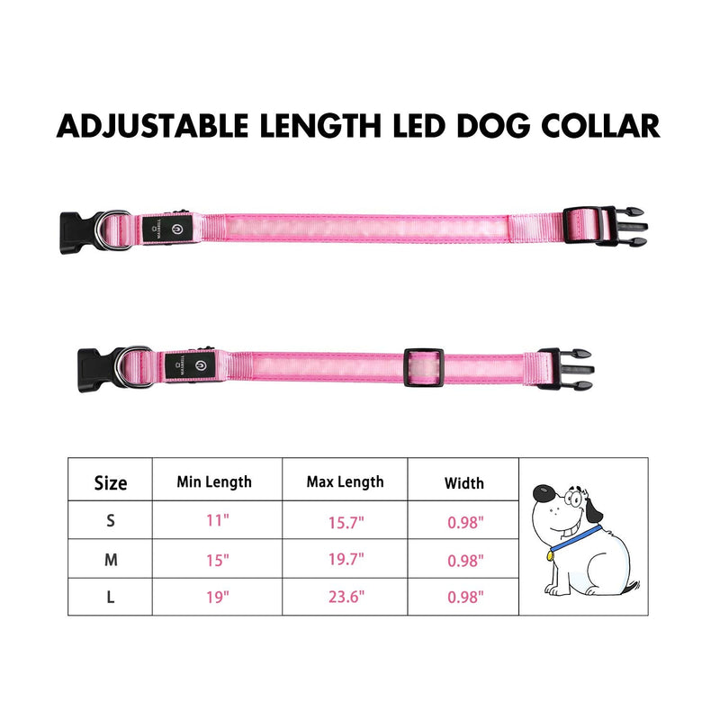 MASBRILL Dog Collar Luminous Rechargeable LED Light Collar Waterproof for Small Medium Large Dogs Adjustable Flashing Light Safety Collar with 3 Lighting Modes Pink - M M(38-50cm/15-19.7inch) Pink(TC5200) - BeesActive Australia