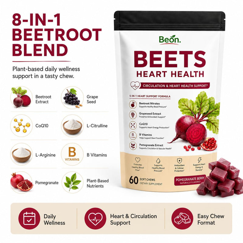 Beon Beet Chews, Beon Beetroot Chews Gummies for High Blood Pressure & Cardiovascular Support, Beet Root Gummies with L-CoQ10 & Grape Seed for Calm Mood, Sugar-Free Vegan, 60 Chew