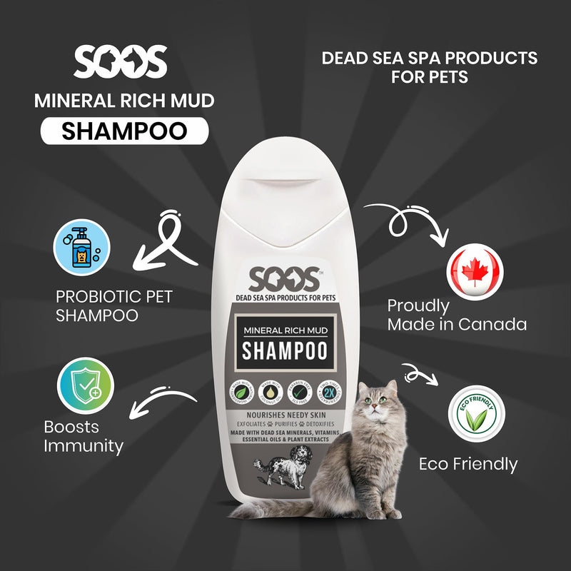 Soos Pet Dog Shampoo for Cats and Pets Mineral Rich Mud Natural Dead Sea Cruelty Free Fast Absorbing Skin Cooling First Aid Antib-acterial and Antif-ungal Odor Remover - 1x 250ml - PawsPlanet Australia