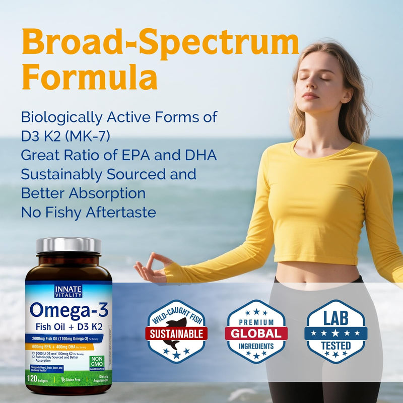 Innate Vitality Omega 3 Fish Oil Supplement, 2000mg Fish Oil Per Serving, EPA 600mg + DHA 400mg with Vitamins D3 K2, Supports Brain & Heart Health, Sustainable & Wild-Caught, 120 Softgels Unflavored 120 Count (Pack of 1)