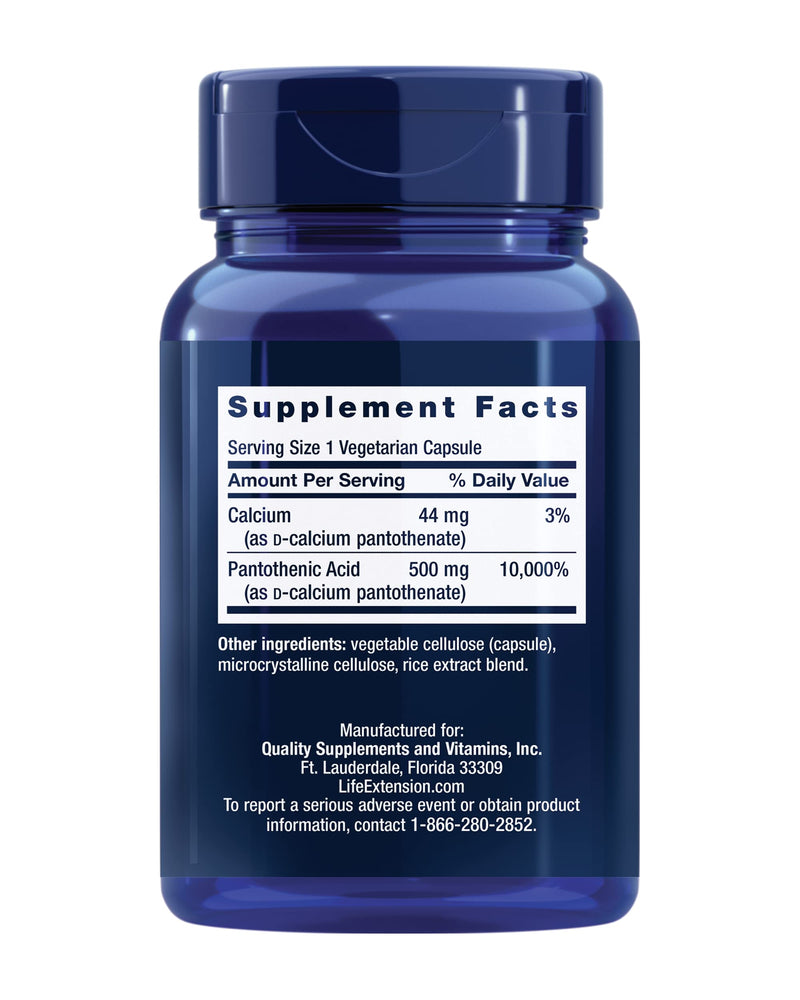 Life Extension Pantothenic Acid, 500 mg, Vitamin B5, Calcium, Support Healthy Metabolism, Mitochondrial Energy Production, Gluten-Free, Non-GMO, Vegetarian, 100 Capsules