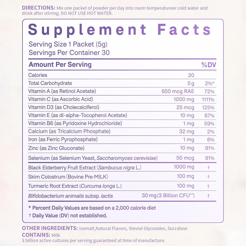 Immune Support Powder for Daily Defense - 1000mg Black Elderberry + 1000mg Vitamin C with Vitamin D3, Zinc, Calcium Blend - Multi-Immune Defense Formula, 30 Packets