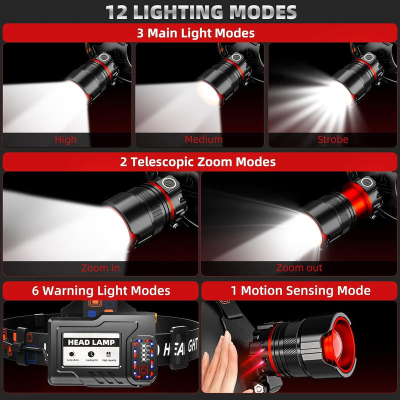 Headlamp 5000 LUMENS LED Rechargeable Head Lamps, Zoomable Headlight with 5 Modes & IPX7 Waterproof, 120° Adjustable Head Lights for Forehead for Outdoor, Camping, Hard Hat, Hunting,Fathers Day Gift - BeesActive Australia