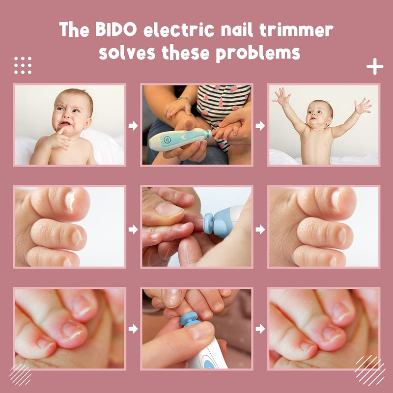 Bƒ∞DO Baby Nail Trimmer File Electric-Safe Baby Nail Clippers,Manicure Kit for Newborn Toddler and Kids,12 Grinding Heads and LED Light, Pink or Blue (Pink)