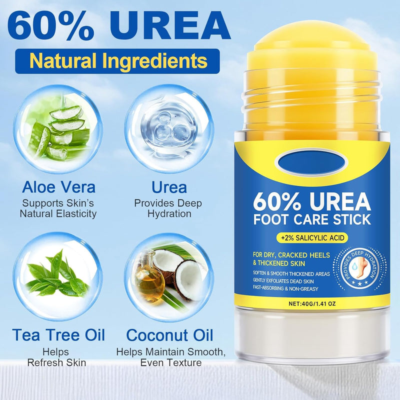 60% Urea with 2% Salicylic Acid Foot Care Stick, Maximum Strength Urea Foot Cream Callus Remover for Dry Cracked Heels, Hands, Knees, Exfoliating Moisturizer, Dead Skin Remover Foot Balm 1.41oz 1.41 Fl Oz (Pack of 1)