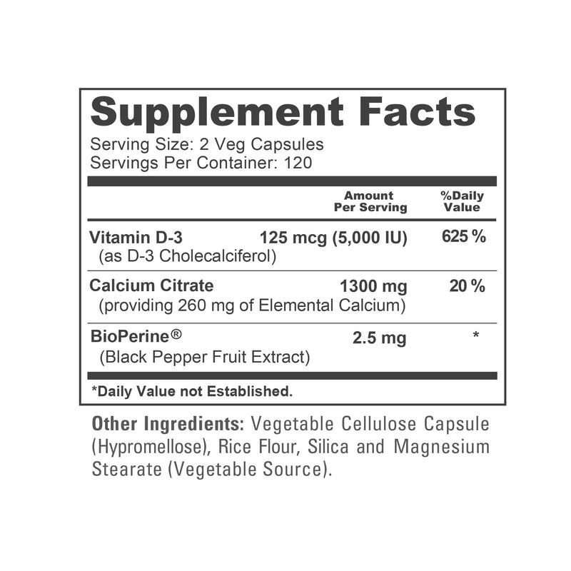 Super Calcium with Vitamin D3 Non GMO 1300 mg 240 Veg Capsules -120 Serves | Calcium Citrate Complex, Supports Nutritional Supplementation,Vegan, Manufactured in USA cGMP registered facility