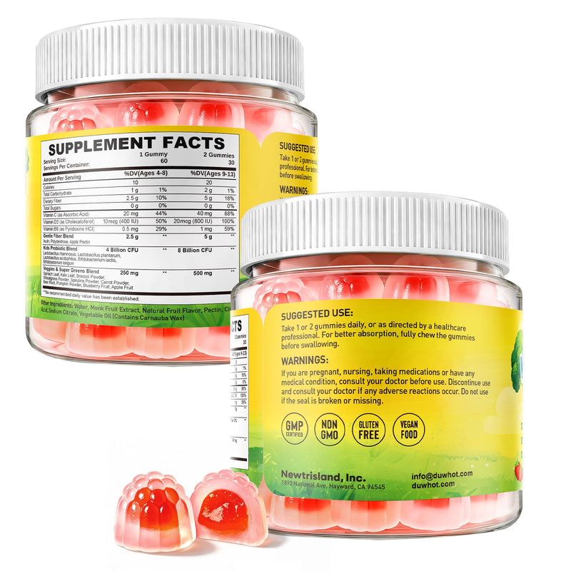 duwhot Kids Fiber Gummies 5g with Probiotics, 60 Chews | Prebiotic Fiber Supplement with Vitamin C D3 B6 & Veggies, Gentle Digestive & Regularity Support, Sugar Free