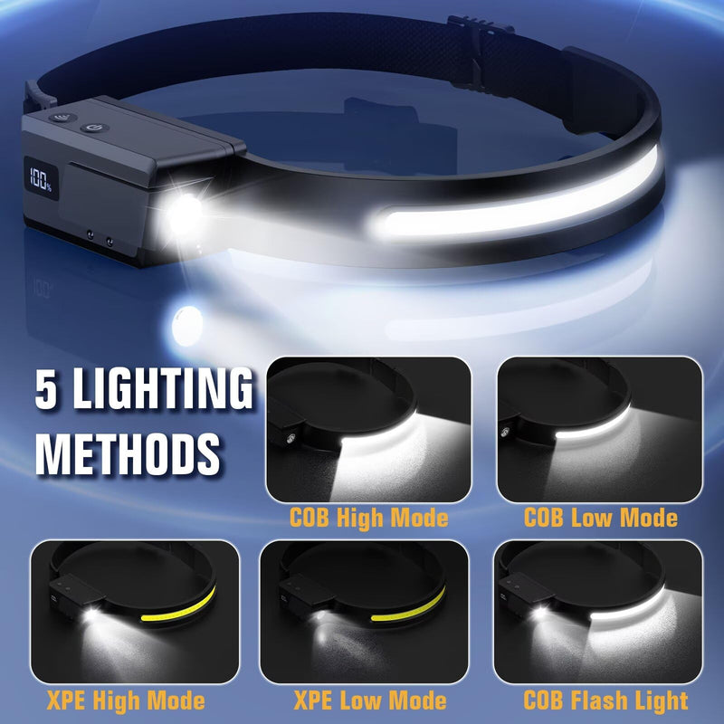 BIAT LED Headlamp Rechargeable 2PCS, 230° Wide Beam Headlight with Motion Sensor, 90° Rotation and Removable Head Lights for Forehead, 5Mode Head Lamp for Adults, Camping Essentials Gear for Hiking 2 Pack