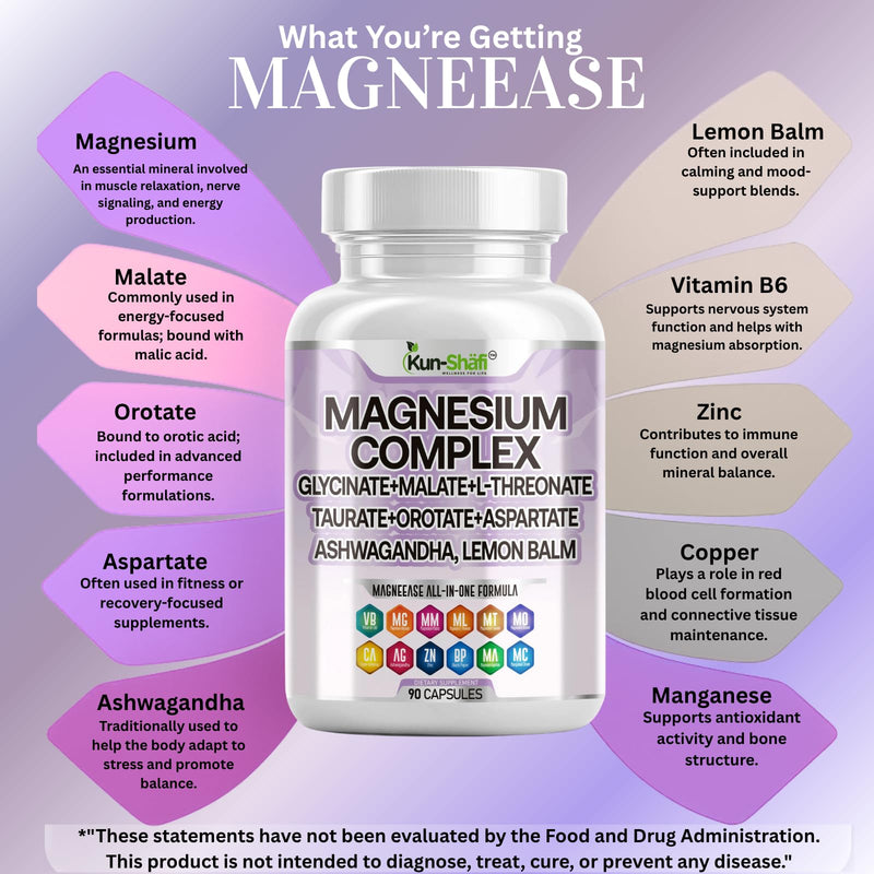 Magnesium Complex with Magnesium Glycinate Malate, L-Threonate, Taurate, Orotate, Zinc,Aspartate, Copper Manganese & Vitamin D3 B6 Complex - 1Pack