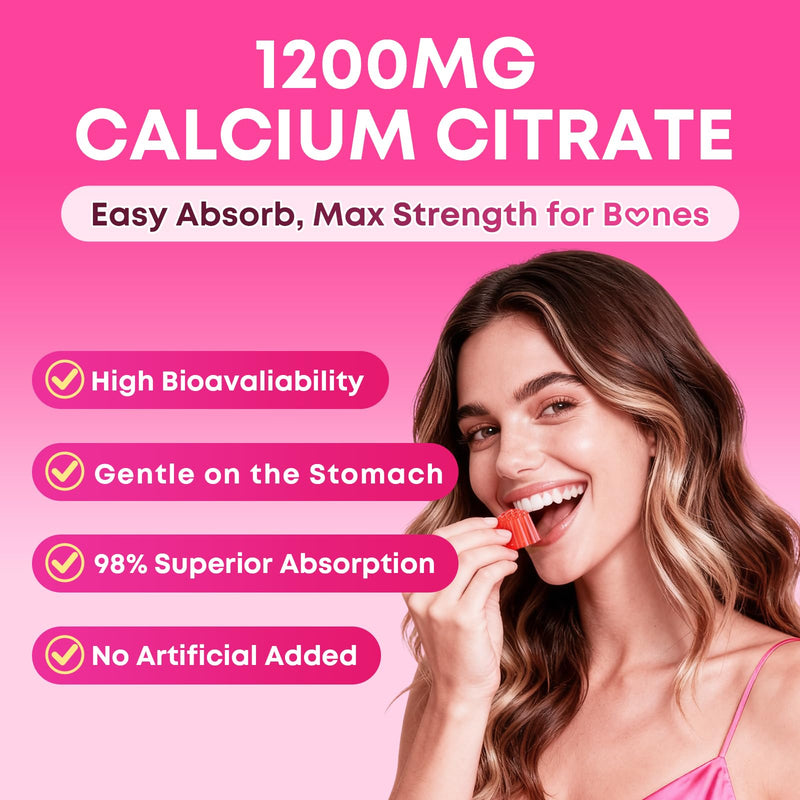 Calcium Gummies for Women, Calcium Citrate 1200mg with Vitamin D3 K2, Collagen & Biotin, B0ne, Teeth, Immune & Hormone Support, Sugar Free, Non-GMO, Gluten-Free, Strawberry Flavor, 90 Count 90 Count (Pack of 1)