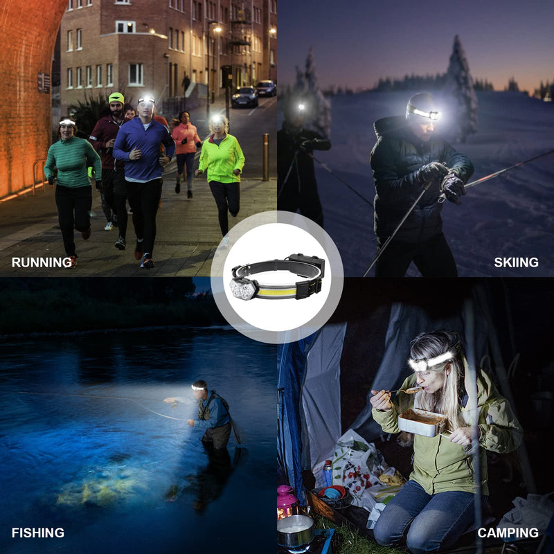 EXIN DECHEN LED Headlamp Rechargeable, 1200 Lumen Super Bright Headlamp Flashlight, 270° Wide Beam LED Headlamps with Red Taillight, 8 Mode Lightweight Waterproof Head Lamp Black 2pack-Y012