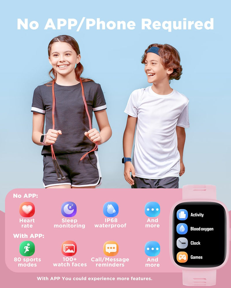 BIGGERFIVE Smart Watch for Kids, 1.8" Fitness Tracker Watch Pedometer, Heart Rate, IP68 Waterproof, Sleep Monitor, Calorie Step Counter, 5 Puzzle Games with/Without APP for Girls Teens 5-16 Pink - BeesActive Australia