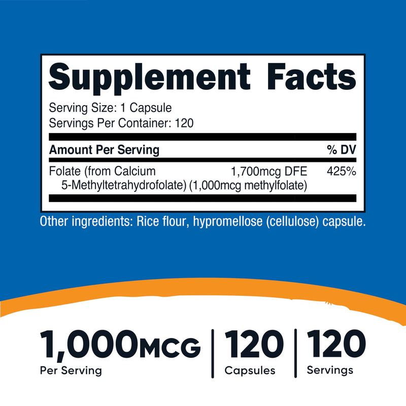 Nutricost Methylfolate 1000mcg, 120 Vegetarian Capsules - Gluten Free, Non-GMO (Pack of 2) 120 Count (Pack of 2)