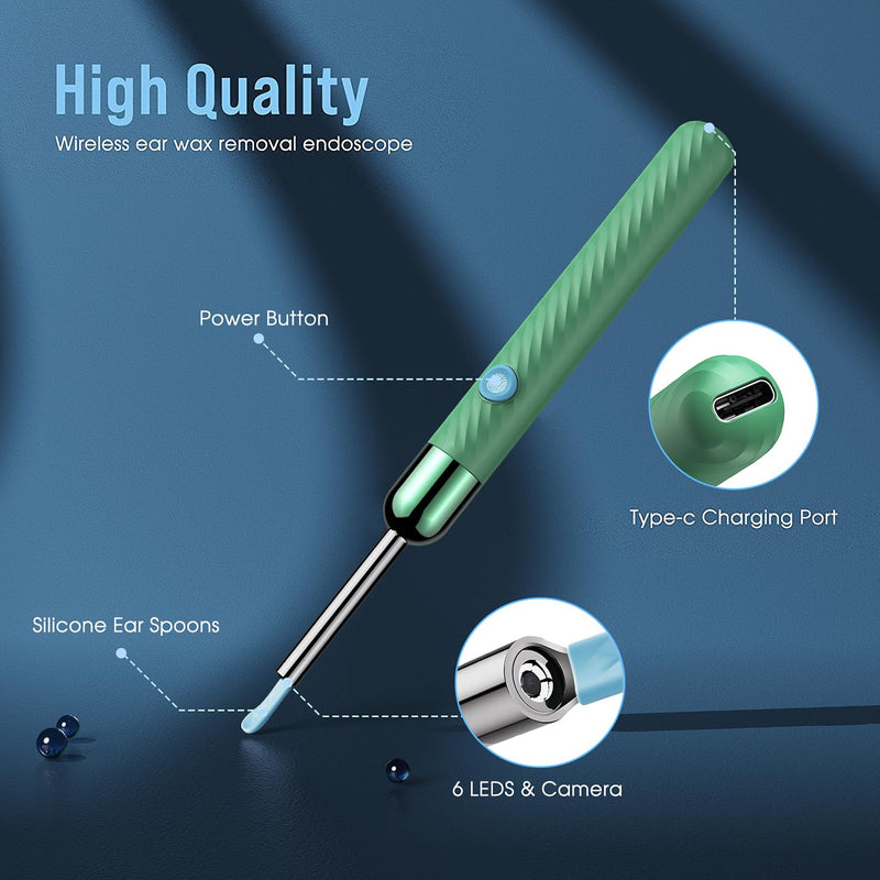 LEIPUT Ear Wax Removal - Earwax Remover Tool with 8 Pcs Ear Set - Ear Canal Cleaner with 1080P Camera - Ear Cleaning Kit with 6 Ear Spoon - Ear Camera for iOS & Android (Green) Green - BeesActive Australia